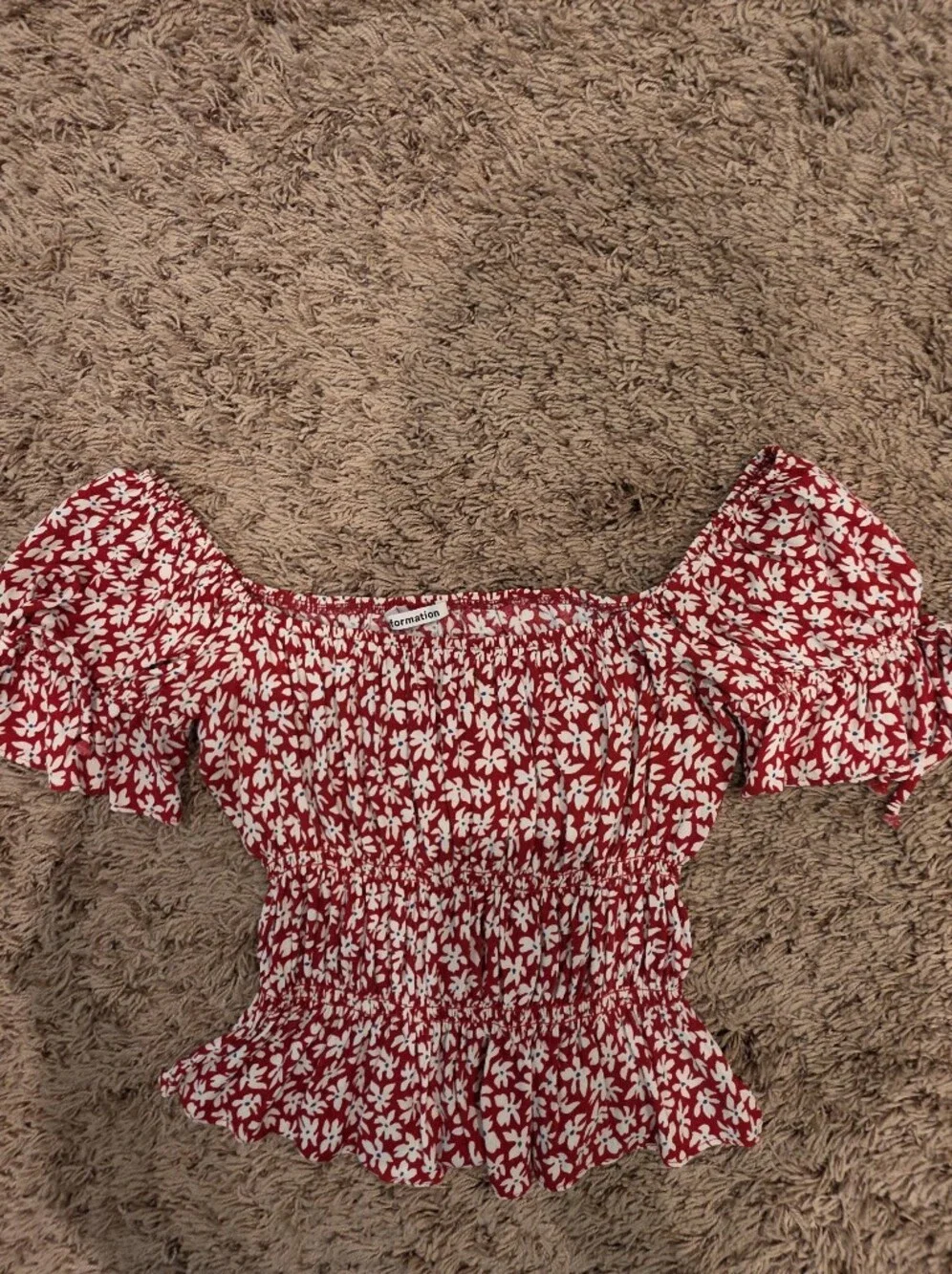 Reformation Red White Smocked Floral Puff Sleeve Crop Top Medium